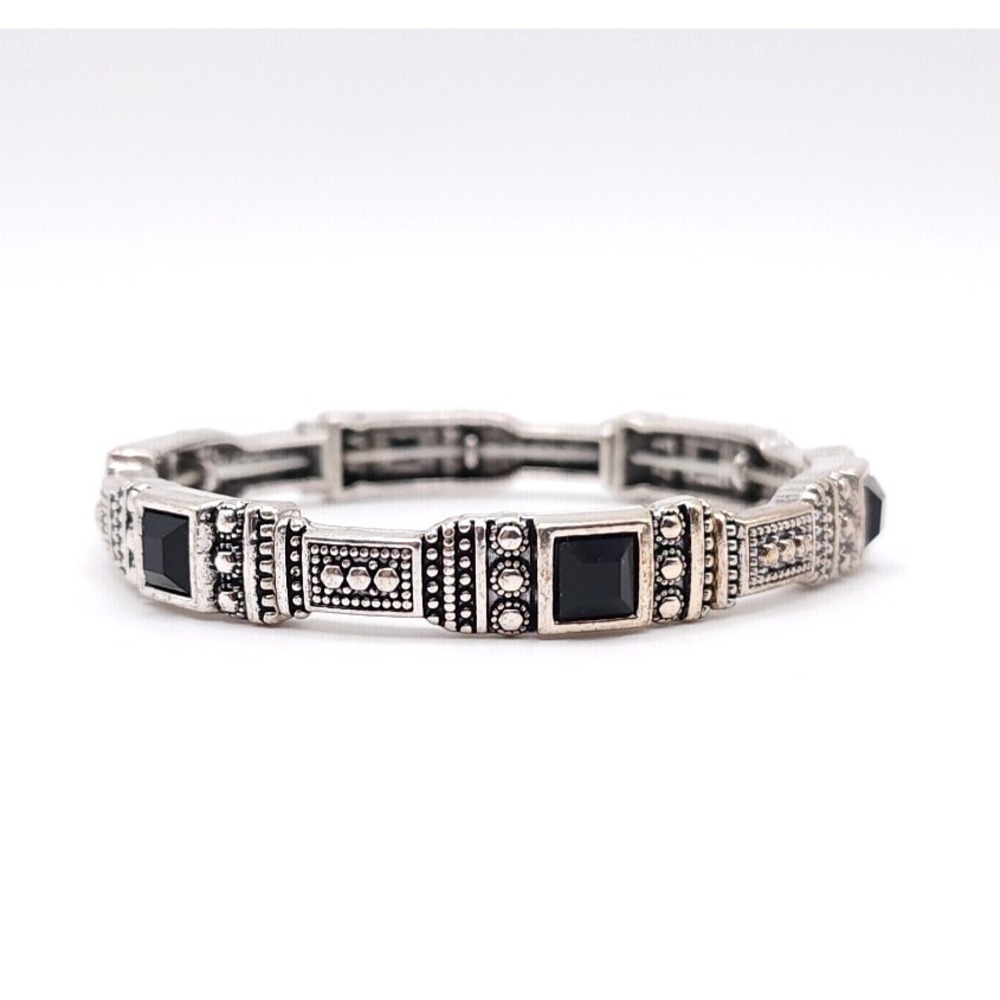 Silver Tone Art Deco Stretch Bracelet Women's Black Square Gem Vintage Style - Picture 2 of 4